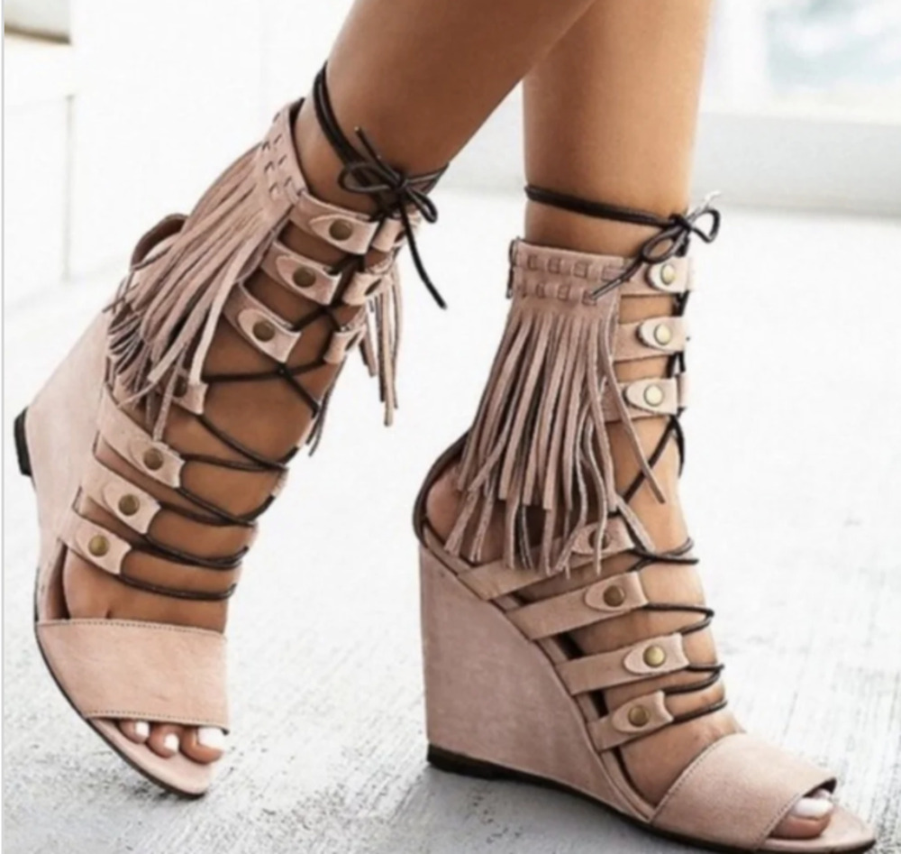 Free People Solstice Fringe Wedge Sandals Size 38, 4" Heel, Made Portugal, Boho